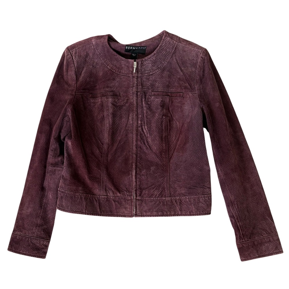 Bernardo Plum Purple Snakeskin Embossed Leather Zip Jacket L Mob Wife Moto Fall
